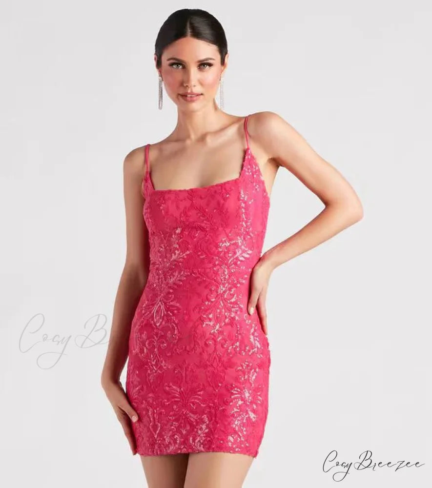 Lissie Formal Stylish Sequin Mini Dress rose red / S