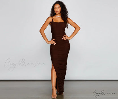 Liza Formal Ruched Charming High Slit Dress BROWN / XS
