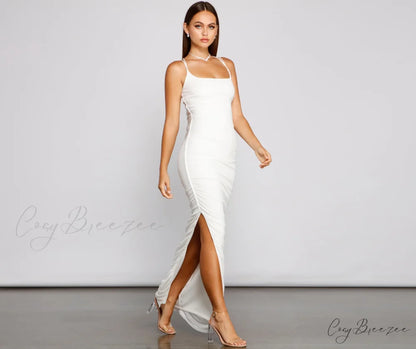 Liza Formal Ruched Charming High Slit Dress WHITE / XS