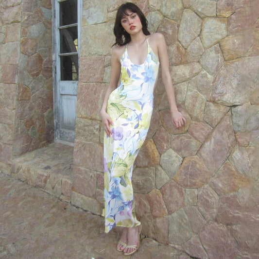 Carmen Backless Floral Print Slip Maxi Dress