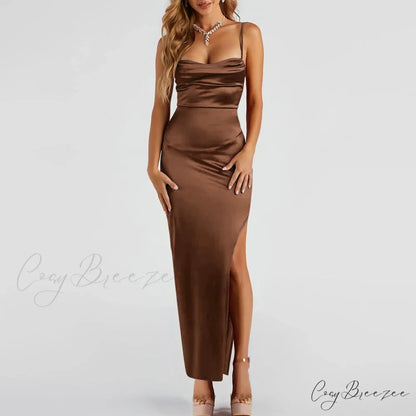 Lola High Slit Charming Satin Dress 2 Brown / S