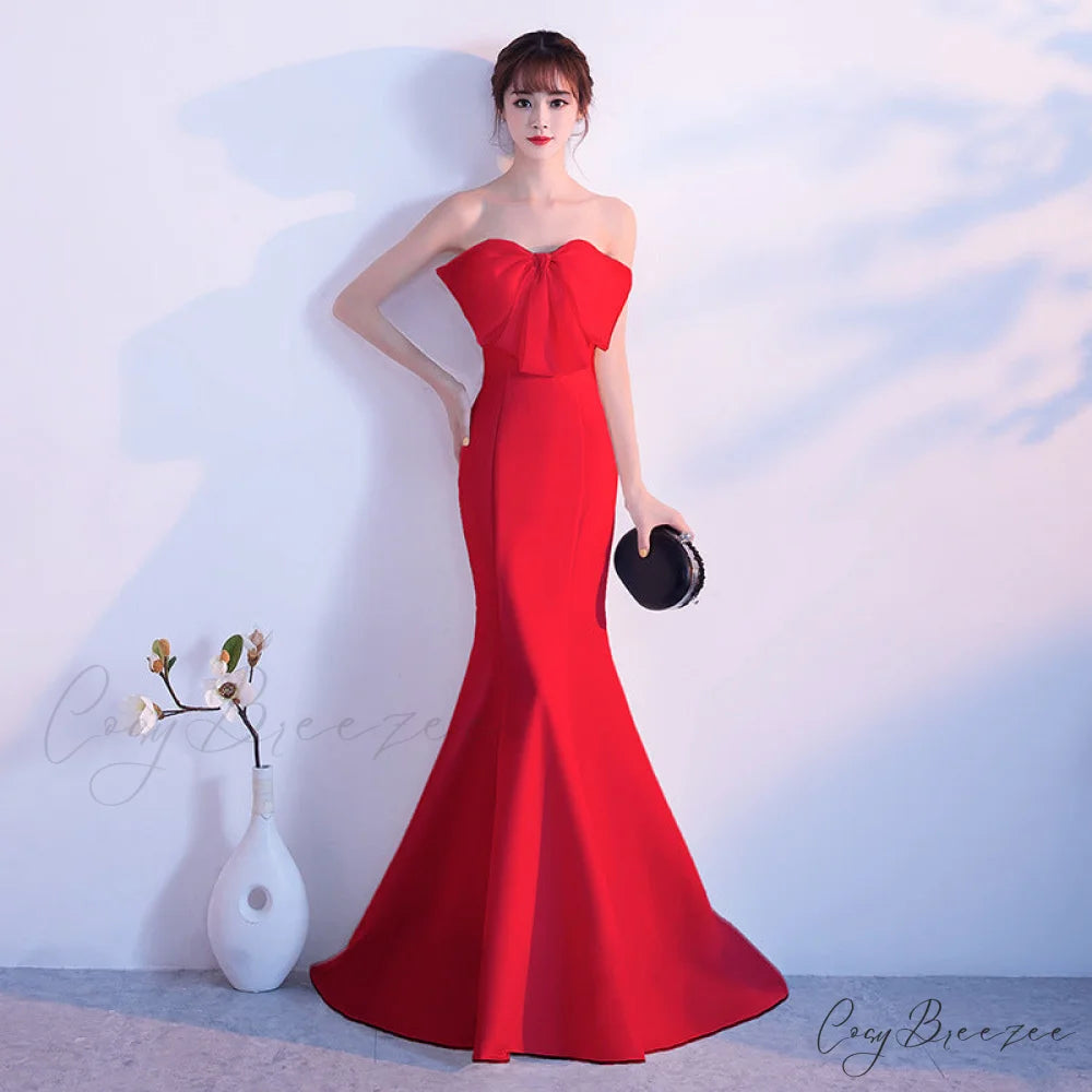 Lola Off-the-shoulder tube Charming top slim fishtail skirt RED / XS