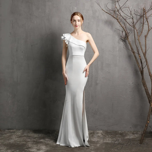 Lola ruffled Stylish one-shoulder evening dress WHITE / XS