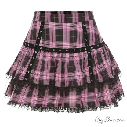 Lolita Cake Gothic Japanese Harajuku Purple Pink Plaid Pleated Skirt PURPLE / S