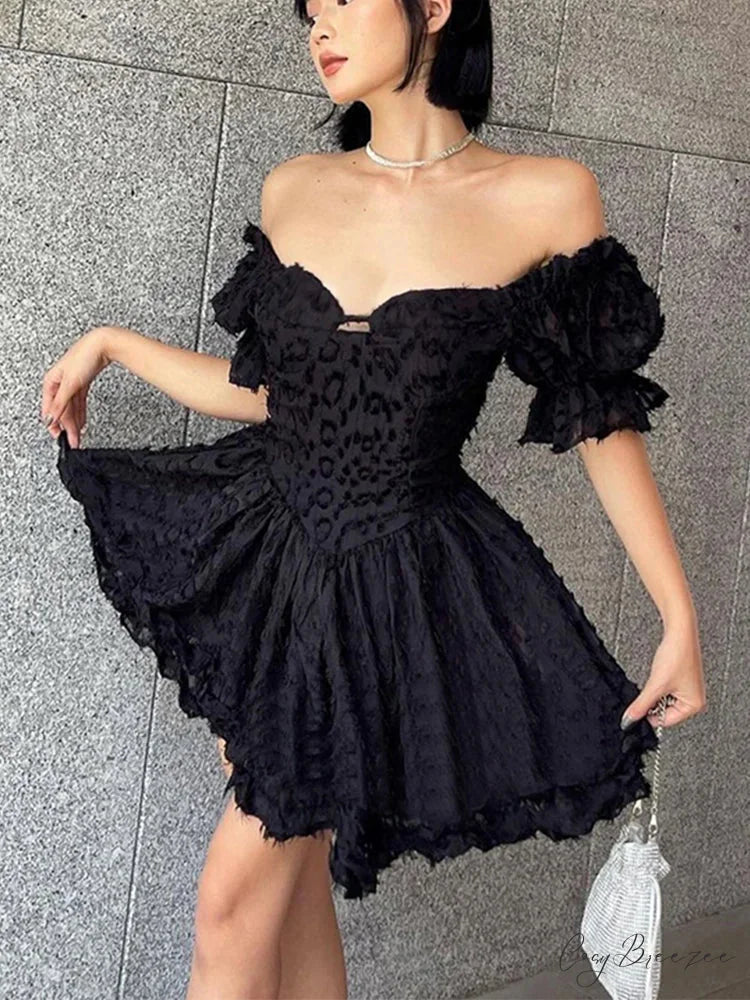 Lolita Summer Vintage High Waist Black Ball Gown Goth Aesthetic Puff Sleeve V-neck Corset Mini Dress Black / S