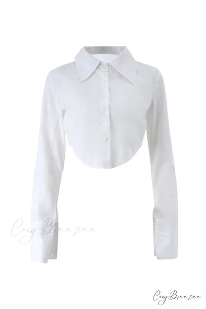 Long Button-Up Cropped Blouse Arm with White Lapel