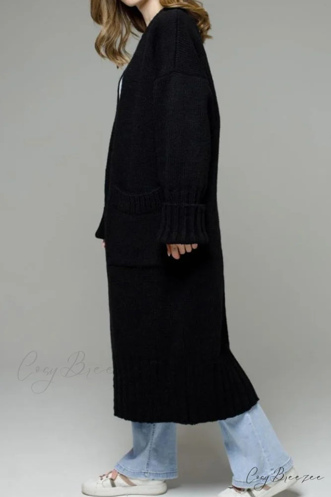 Long Cardigan with Open Front and Pockets Black / L