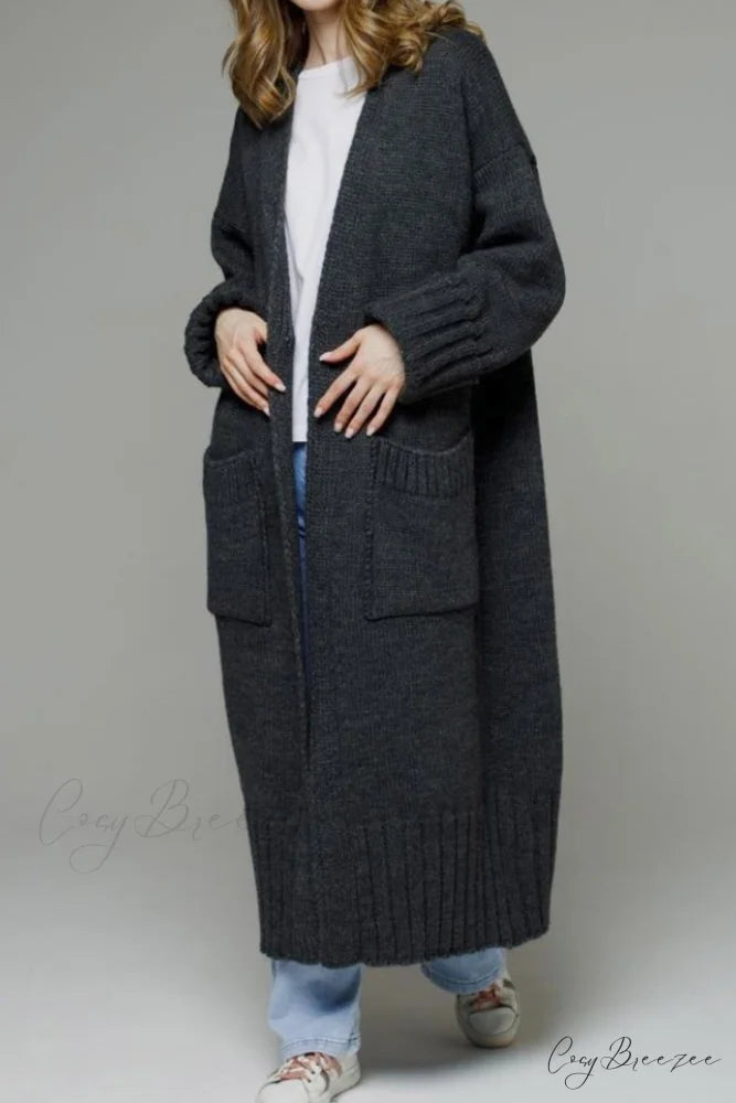 Long Cardigan with Open Front and Pockets Dark Grey / L