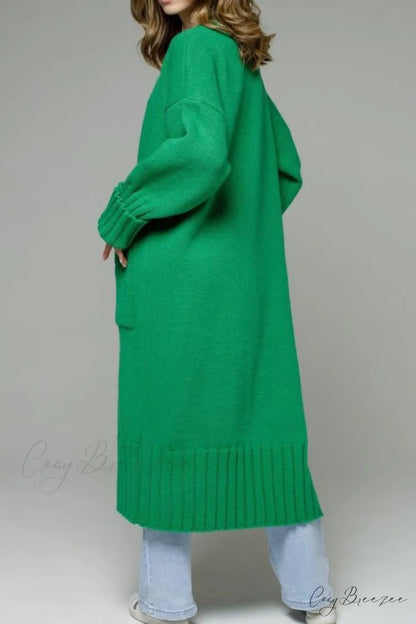 Long Cardigan with Open Front and Pockets Green / XL