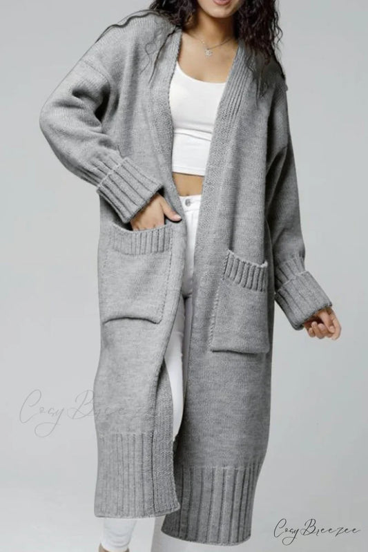 Long Cardigan with Open Front and Pockets Light Grey / S