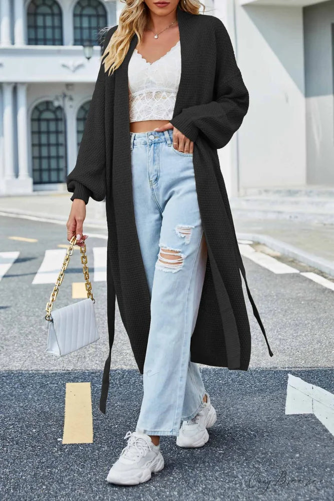 Long Cardigan with Open Front and Tie-waist Black / S