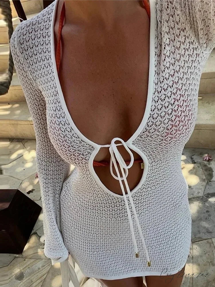 Long Flared-Sleeve Lace Mini Dress minidress-250223