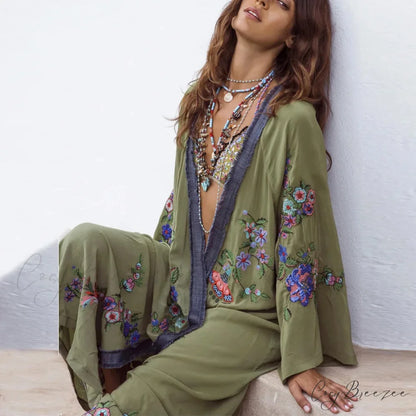 Long Floral Embroidery Beach Cover-Up Boho Cardigan army green / One Size bohoblouse-250126