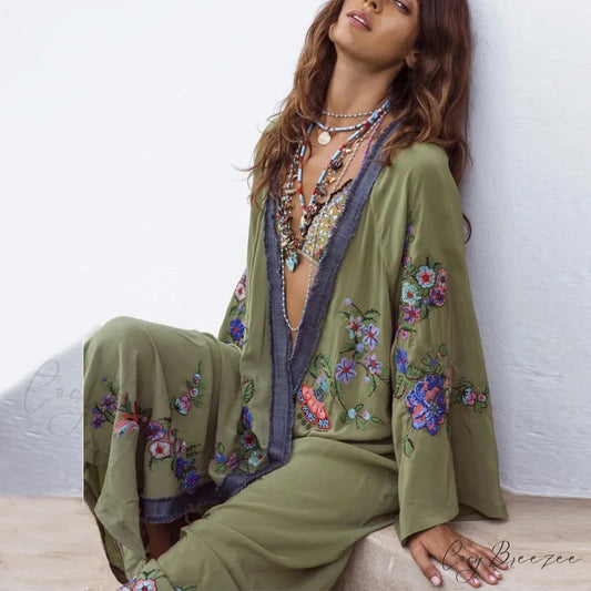 Long Floral Embroidery Beach Cover-Up Boho Cardigan army green / One Size bohoblouse-250126