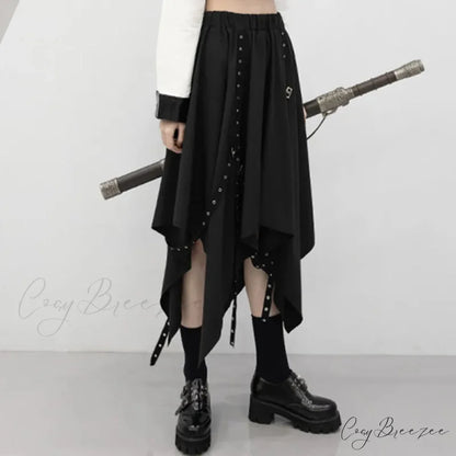 Long Irregular Dark Tie Street Wind Weave Buckle Y2k Skirt BLACK / One size