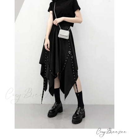 Long Irregular Dark Tie Street Wind Weave Buckle Y2k Skirt BLACK / One size