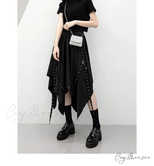 Long Irregular Dark Tie Street Wind Weave Buckle Y2k Skirt BLACK / One size