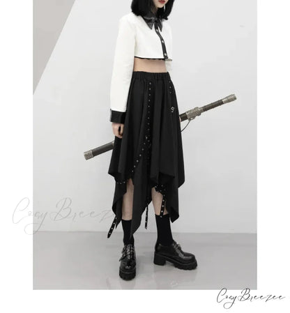 Long Irregular Dark Tie Street Wind Weave Buckle Y2k Skirt BLACK / One size