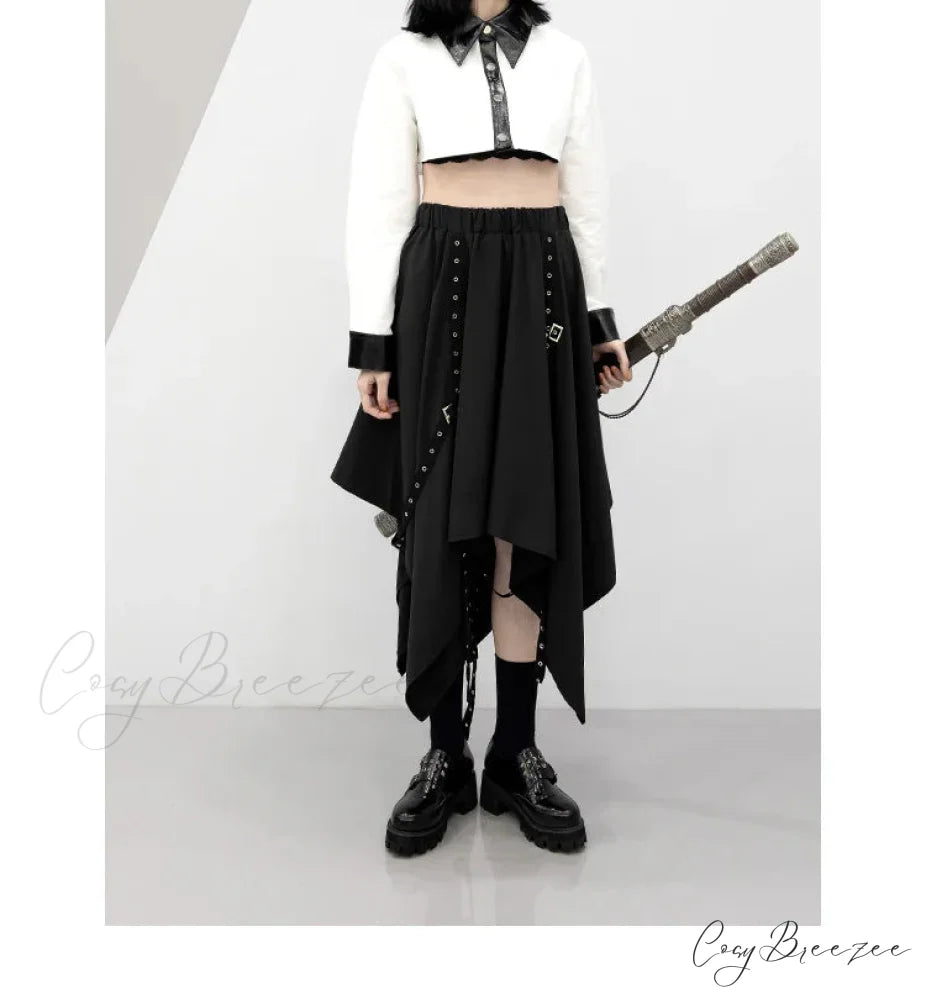 Long Irregular Dark Tie Street Wind Weave Buckle Y2k Skirt BLACK / One size