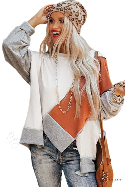 Long Khaki Irregular Arm Colorblock Stitching Hem Blouse