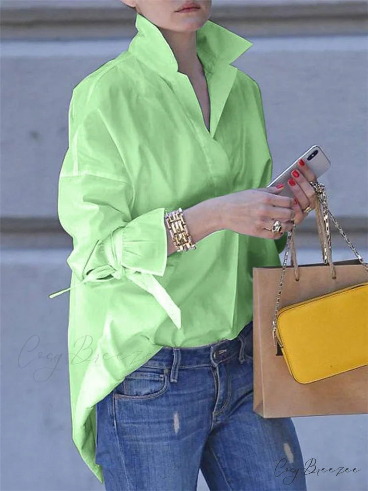 Long Lapel Arm Casual Plain Blouse Green / S