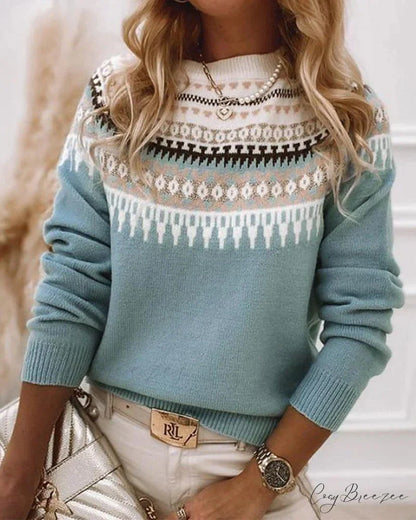 Long Patterned Arm Pullover Sweaters Blue / S