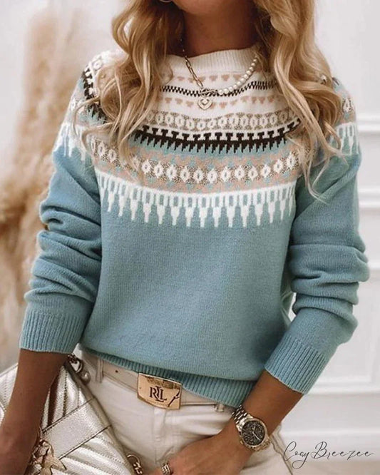 Long Patterned Arm Pullover Sweaters Blue / S