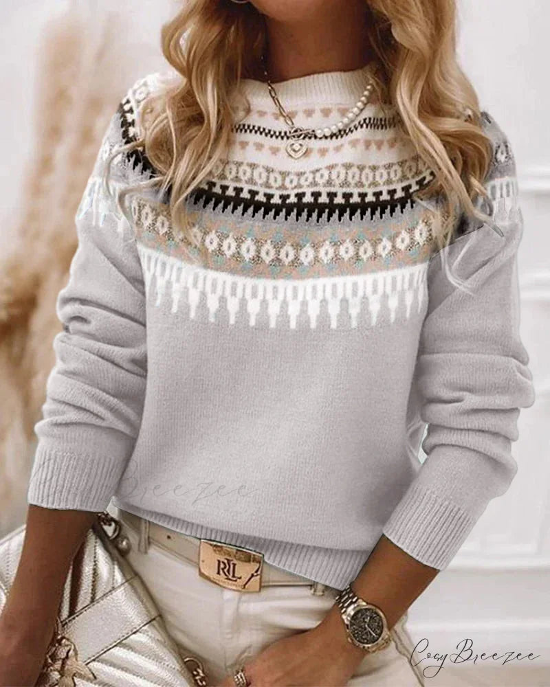 Long Patterned Arm Pullover Sweaters Gray / S