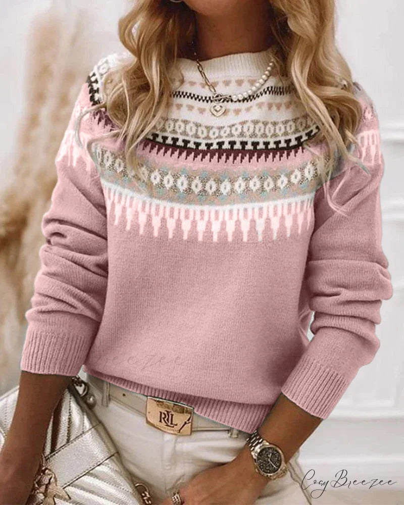 Long Patterned Arm Pullover Sweaters Pink / S