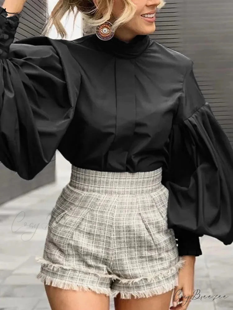 Long Puffy Sleeve Plain Purple Chic Blouse Black / S blouse-250126