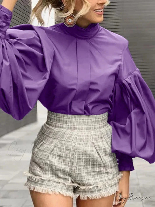 Long Puffy Sleeve Plain Purple Chic Blouse Purple / S blouse-250126