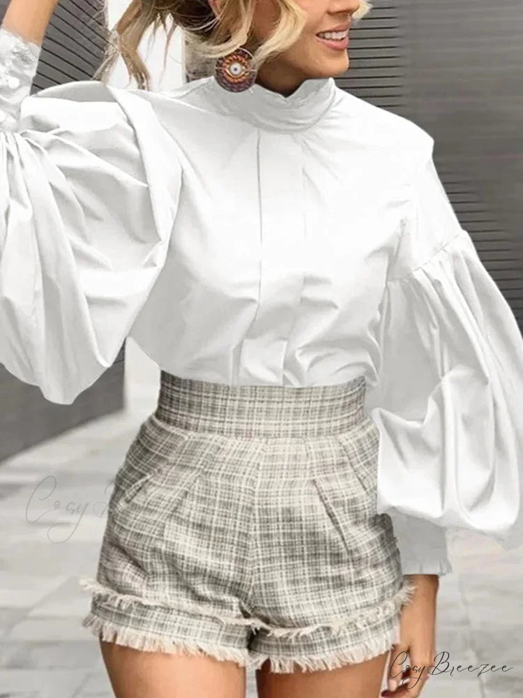 Long Puffy Sleeve Plain Purple Chic Blouse White / S blouse-250126