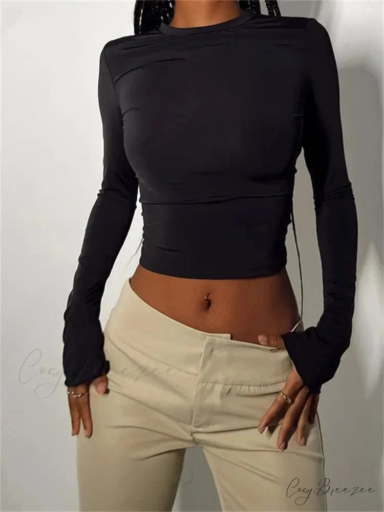 Long Sleeve Backless Casual Slim Fit Pullovers T-Shirts Black / S
