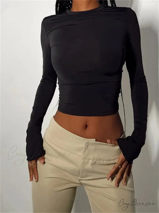 Long Sleeve Backless Casual Slim Fit Pullovers T-Shirts Black / S