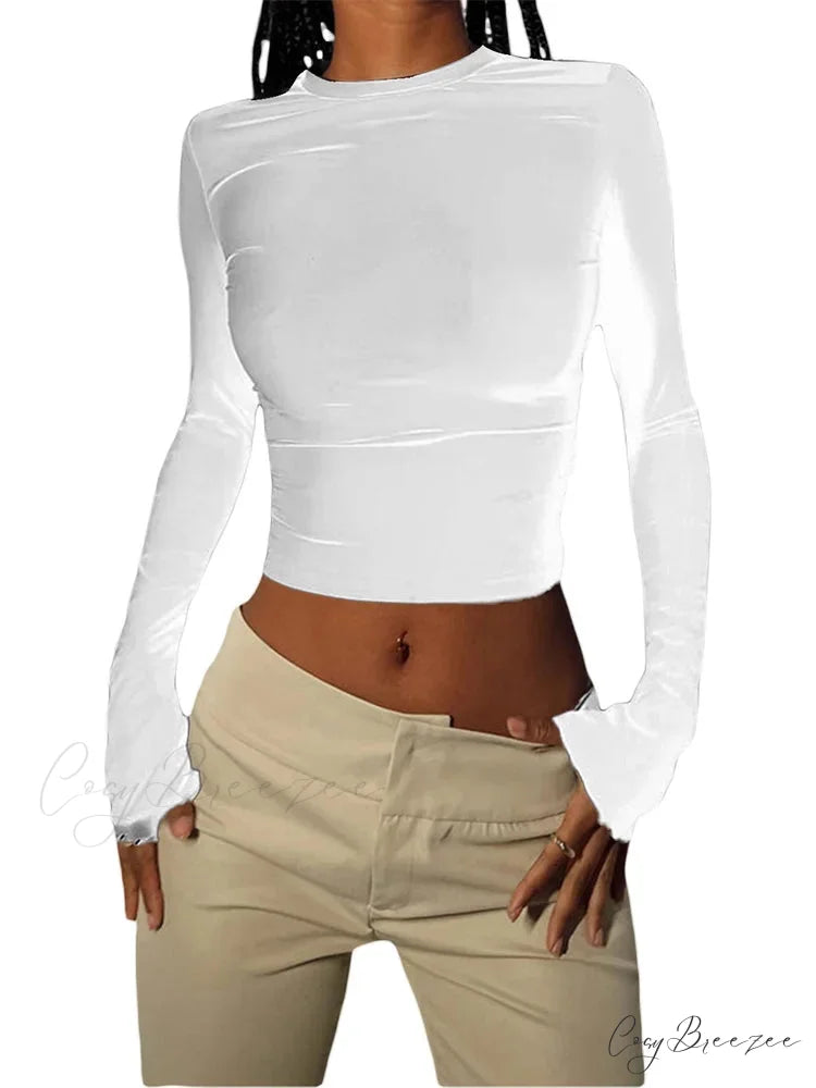 Long Sleeve Backless Casual Slim Fit Pullovers T-Shirts WHITE / S