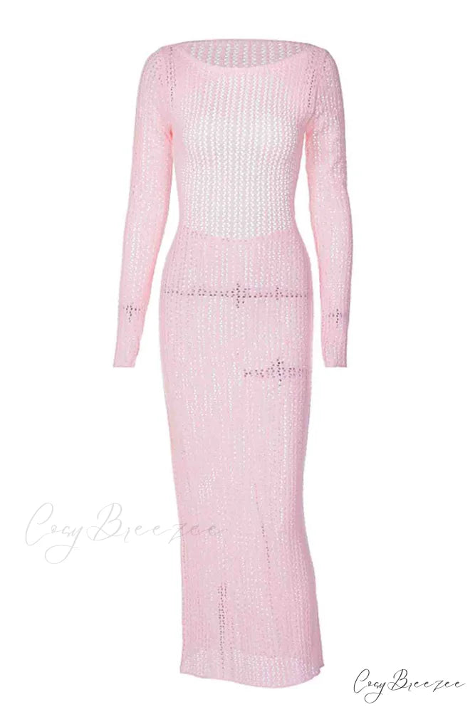 Long Sleeve Backless Knitted Midi Dress with Hollow Out Design