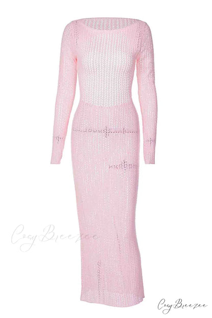 Long Sleeve Backless Knitted Midi Dress with Hollow Out Design
