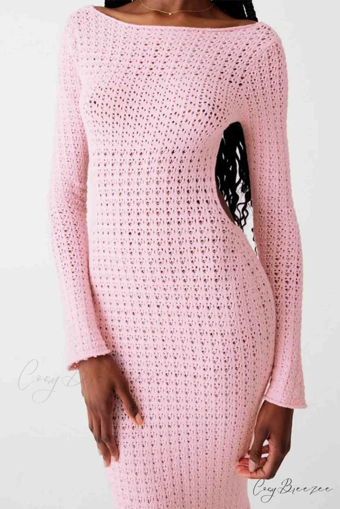 Long Sleeve Backless Knitted Midi Dress with Hollow Out Design