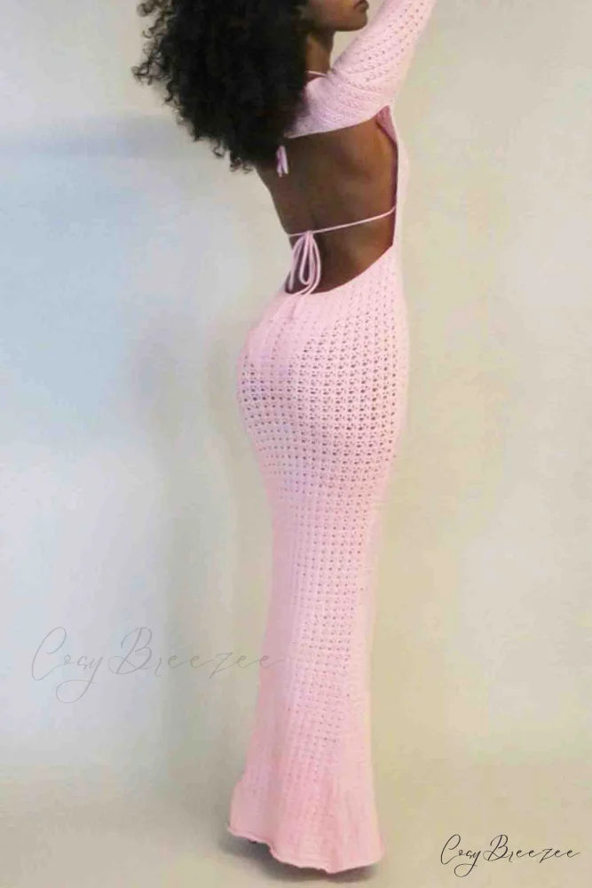 Long Sleeve Backless Knitted Midi Dress with Hollow Out Design
