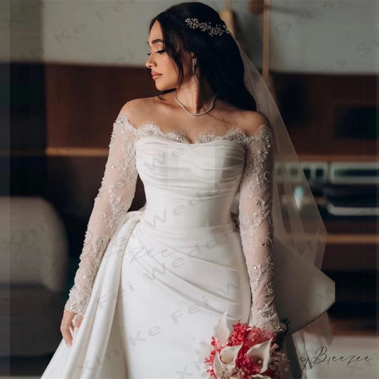 Long Sleeve Bare-Shoulder Satin Bridal Dress weddingdress-250223