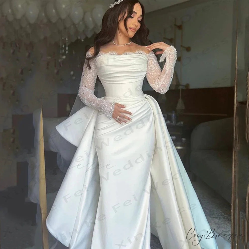 Long Sleeve Bare-Shoulder Satin Bridal Dress weddingdress-250223