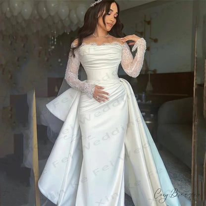 Long Sleeve Bare-Shoulder Satin Bridal Dress weddingdress-250223