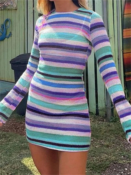 Long Sleeve Casual Striped Backless Fall Party Mini Dress COLORFUL / S
