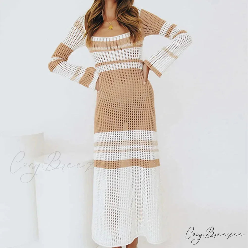 Long Sleeve Commute Robe Maxi Dress Khaki / S