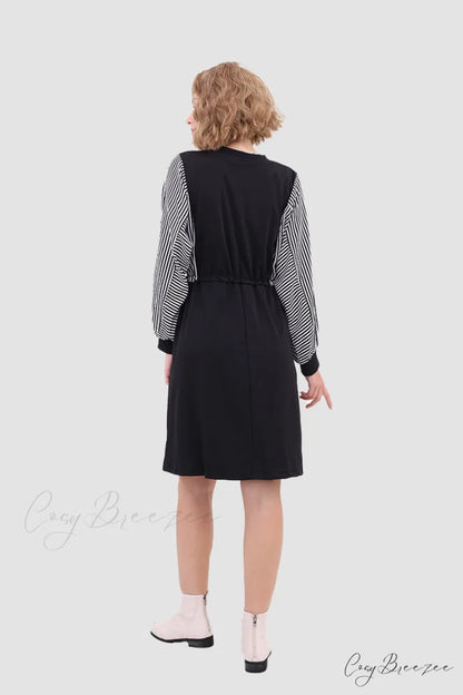 Long Sleeve Dress with Drawstring Waist Black / L
