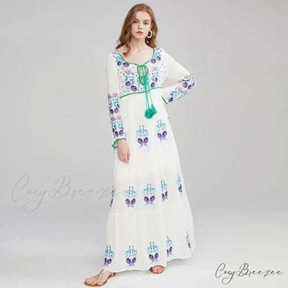 Long Sleeve Ethnic Tunic Maxi Dress bohodress-250126