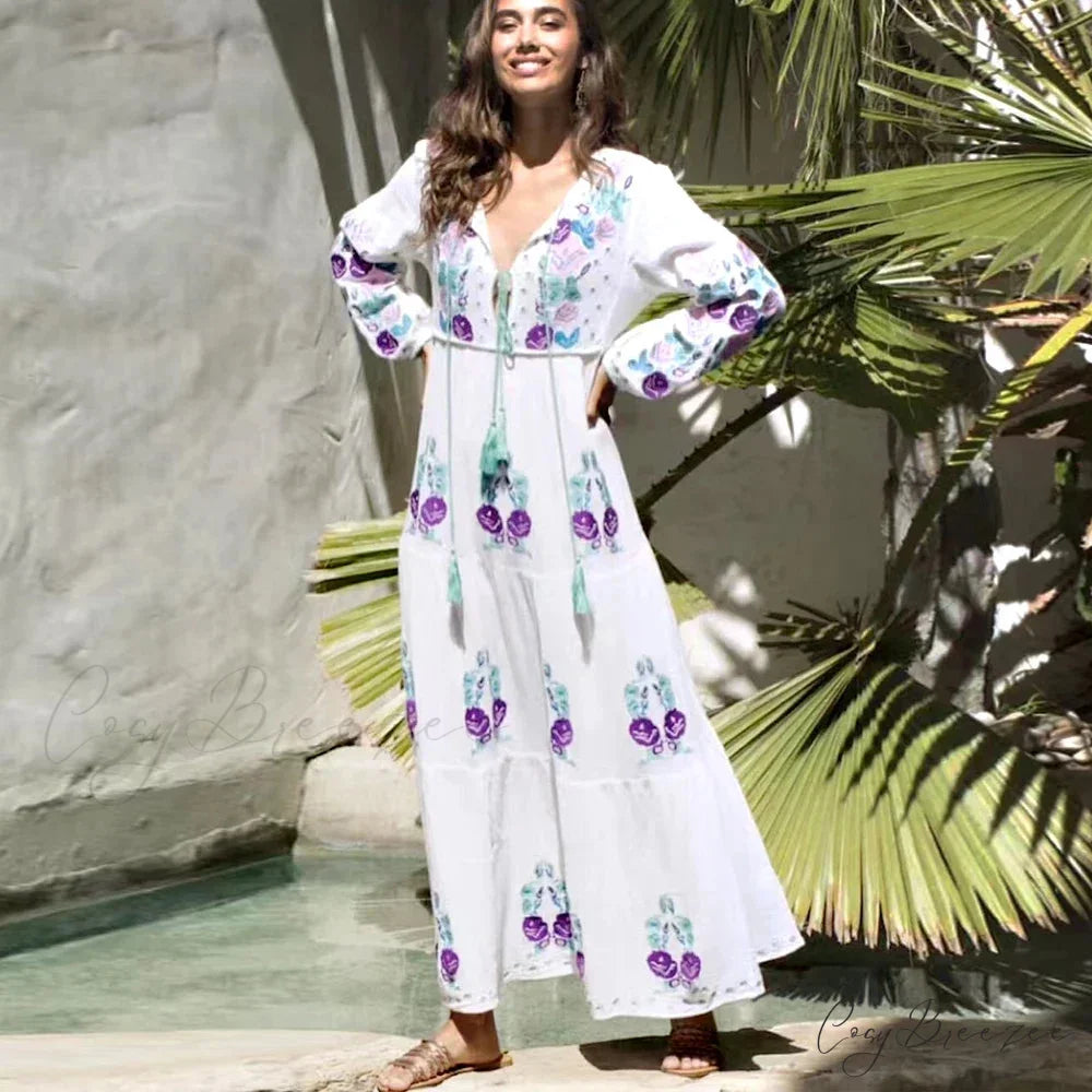 Long Sleeve Ethnic Tunic Maxi Dress bohodress-250126
