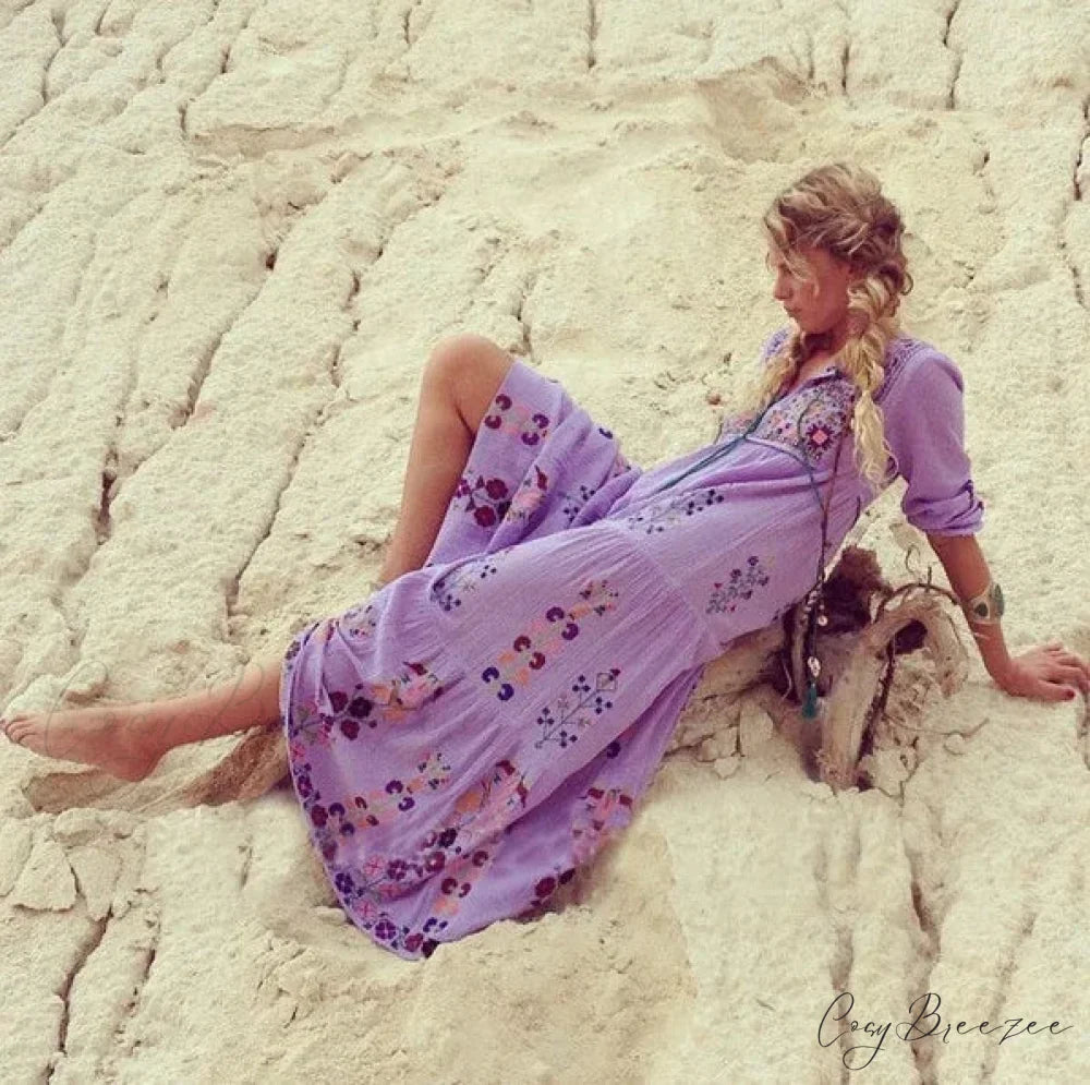 Long Sleeve Ethnic Tunic Maxi Dress PURPLE / S bohodress-250126