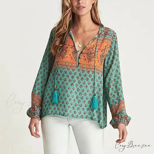 Long Sleeve Floral Print V-Neck Tassel Boho Blouse green blouse / S bohoblouse-250126