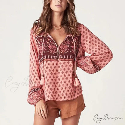 Long Sleeve Floral Print V-Neck Tassel Boho Blouse pink blouse / S bohoblouse-250126